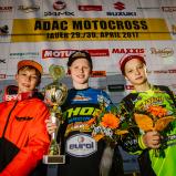 ADAC MX Masters, Jauer, Siegerehrung beim ADAC MX Junior Cup, Constantin Piller (MSC Freisinger Bär ), Magnus Smith (MEFO Sport Racing Team ) und Nikita Kucherov (Monster Energy Kawasaki Elf Team Pfeil )